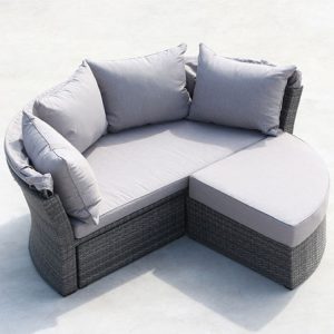 Sofa góc ngoài trời, nệm xám, đan nhựa giả mây, tháo rời linh hoạt