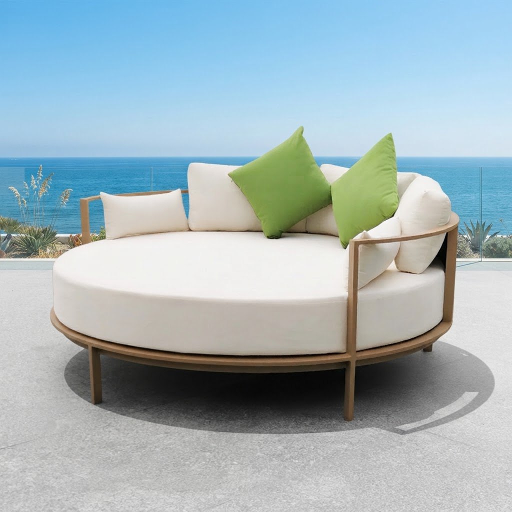 Sun lounger tròn ngoài trời, nệm kem, gối xanh lá nổi bật, phù hợp sân vườn