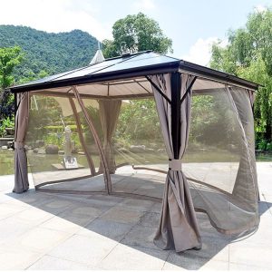 Lều ngoài trời hiện đại với rèm vải và lưới chống muỗi, khung nhôm chắc chắn, lắp cạnh hồ nước