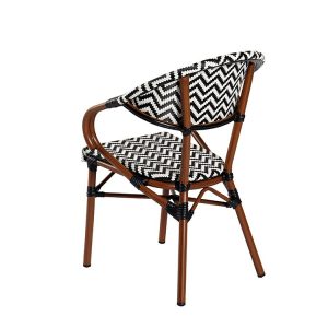 Ghế cafe sân vườn khung nhôm, đan nhựa zigzag, nhìn từ phía sau chéo