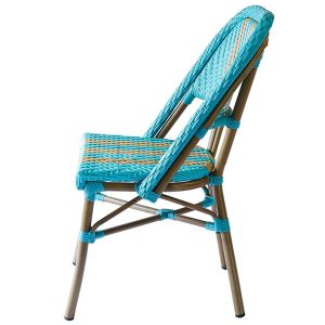 Ghế nhôm đan dây nhựa giả mây xanh vàng nhìn ngang, kiểu dáng gọn nhẹ