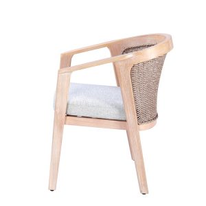 Góc nghiêng ghế ăn ngoài trời gỗ teak, đan mây, nệm xám