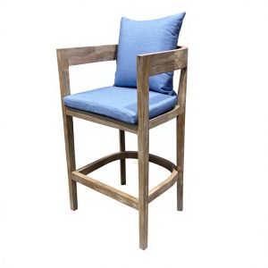Ghế bar ngoài trời khung gỗ màu sáng, nệm xanh dương
