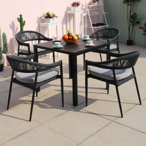 Bộ bàn ghế cafe ngoài trời hiện đại, 4 ghế dây rope, bàn nhôm vuông, nệm ghi
