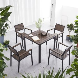 Bộ bàn ghế sân vườn hiện đại, khung nhôm sơn tĩnh điện, mặt bàn và ghế màu nâu gỗ