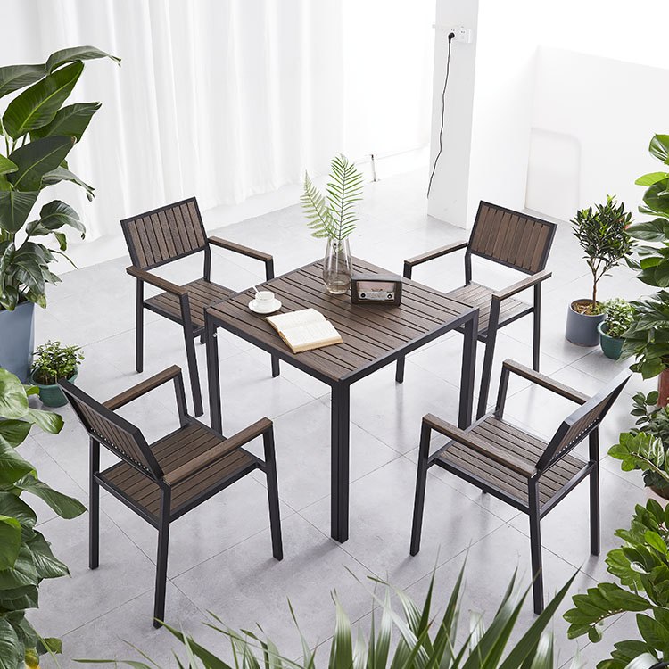 Bộ bàn ghế sân vườn hiện đại, khung nhôm sơn tĩnh điện, mặt bàn và ghế màu nâu gỗ