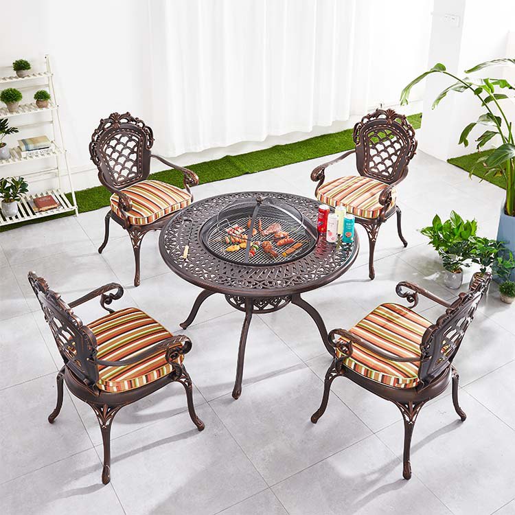 Bàn ghế sân vườn nhôm đúc tân cổ điển, bàn tròn tích hợp bếp nướng