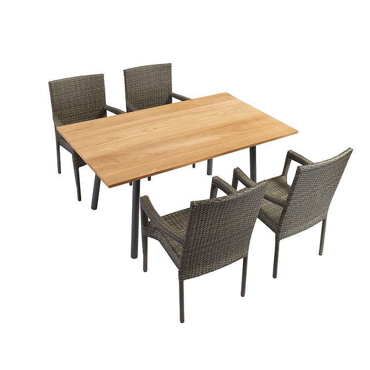 Bộ bàn ghế sân vườn 4 ghế nhựa giả mây, bàn gỗ teak hiện đại