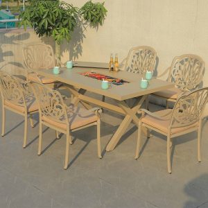 Bộ bàn ghế nhôm đúc 6 ghế hoa văn tân cổ điển, bàn có bếp nướng BBQ tiện lợi