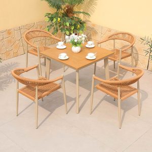 Bộ bàn ghế sân vườn 5 món bàn vuông nhỏ gọn, ghế nhôm đan dây mây phong cách hiện đại