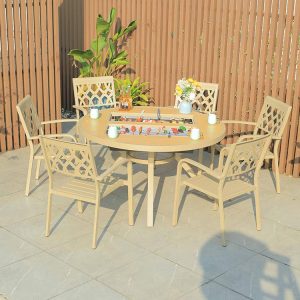 Bộ bàn ghế nhôm đúc ngoài trời 7 món, bàn tròn có bếp nướng, phong cách hiện đại