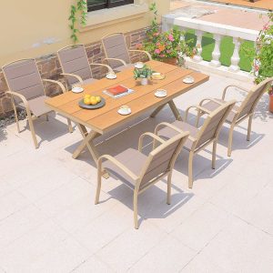 Bộ bàn ghế sân vườn 6 ghế 1 bàn, ghế nệm ghi sáng, khung nhôm chắc chắn