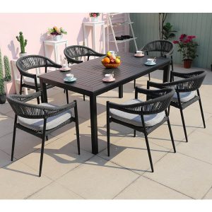 Bộ bàn ghế ngoài trời 7 món, ghế dây rope tròn, nệm ghi sang trọng