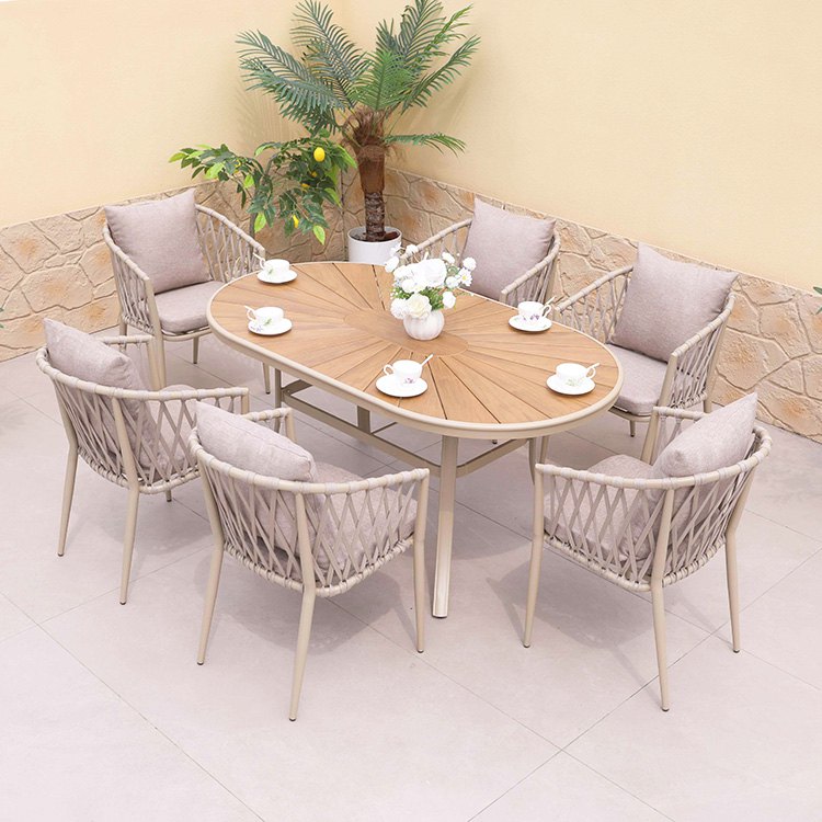 Bộ bàn ghế sân vườn 7 món bàn oval mặt gỗ nhựa, khung nhôm dây rope, nệm ghi