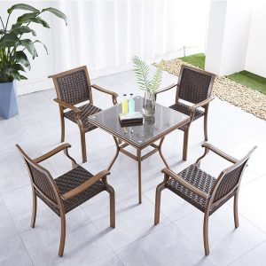 Bộ bàn ghế sân vườn 5 món mặt kính vuông, nhôm giả gỗ, dây nhựa giả mây
