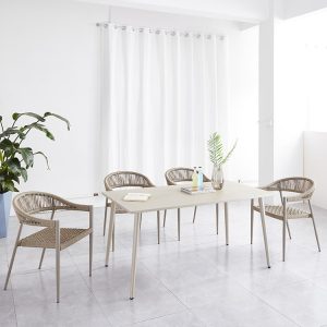 Bộ bàn ăn ngoài trời 4 ghế đan dây rope mảnh, không có nệm, khung nhôm sơn tĩnh điện