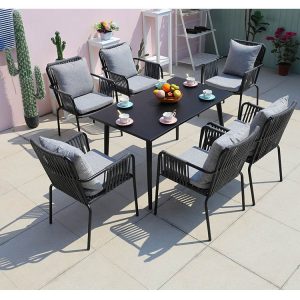 Bộ bàn ghế ngoài trời 7 món, ghế dây đan có nệm và gối tựa, phong cách hiện đại