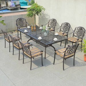 Bộ bàn ghế ngoài trời 8 ghế hoa văn cổ điển, bàn nhôm đúc chữ nhật sang trọng