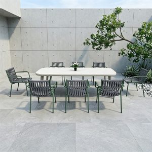 Bộ bàn ghế sân vườn 7 món, ghế dây rope xám, khung xanh, phong cách tối giản hiện đại