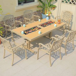 Bộ bàn ghế sân vườn nhôm đúc 7 món, mặt bàn giả gỗ, tích hợp bếp nướng BBQ tiện lợi