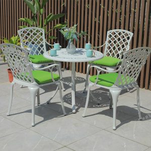 Bộ bàn ghế nhôm đúc ngoài trời, 4 ghế lưng đan hoa văn, bàn tròn nhỏ gọn
