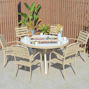 Bộ bàn ghế sân vườn nhôm 6 ghế nan ngang, bàn tròn có bếp nướng BBQ tiện lợi