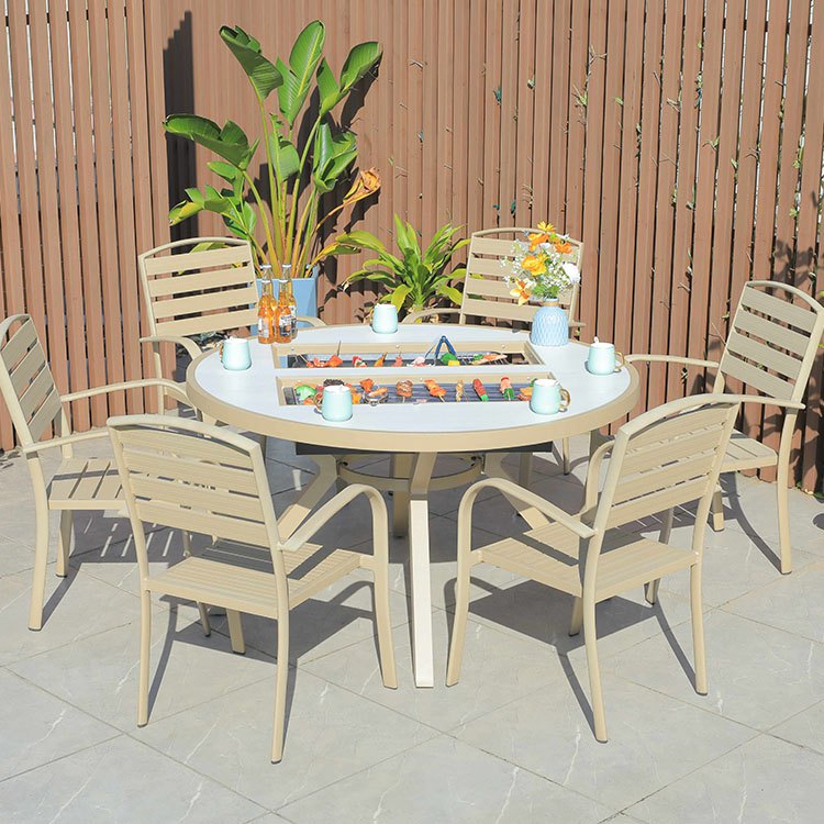Bộ bàn ghế sân vườn nhôm 6 ghế nan ngang, bàn tròn có bếp nướng BBQ tiện lợi