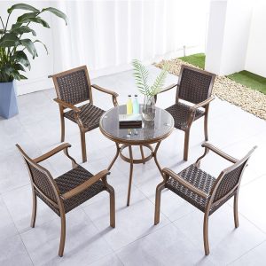 Bộ bàn ghế sân vườn 4 ghế 1 bàn tròn kính, khung nhôm sơn giả gỗ, đan mây nhựa bền đẹp