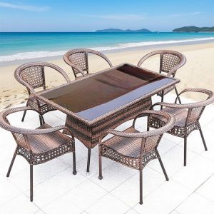 Bộ bàn ghế sân vườn 7 món, bàn chữ nhật kính cường lực, thích hợp ngoài trời, bãi biển
