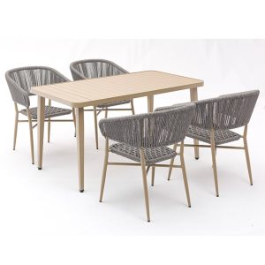 Bộ bàn ghế sân vườn 6 ghế, mặt bàn nhôm, dây đan xám, phong cách tối giản