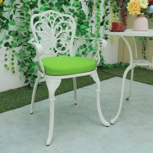 Ghế nhôm đúc sân vườn tân cổ điển, nệm ngồi xanh lá dày dặn