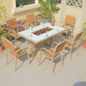 Bộ bàn ghế sân vườn 7 món khung nhôm, ghế nhựa giả gỗ, thiết kế hiện đại, phù hợp gia đình