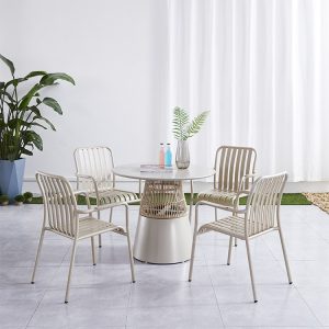 Bộ bàn ghế sân vườn nhôm 4 ghế tựa nan, bàn tròn chân phối giả mây, thiết kế tối giản