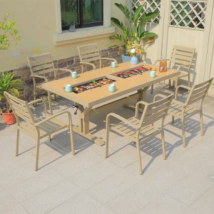 Bộ bàn ghế sân vườn 7 món, thiết kế hiện đại, bàn tích hợp bếp nướng BBQ