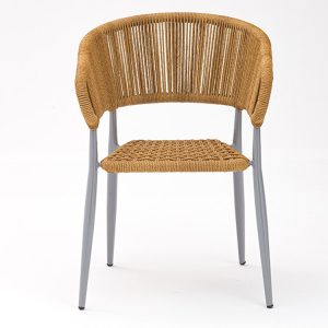 Ghế sân vườn dây rope vàng nâu, khung nhôm xám, nhìn trực diện