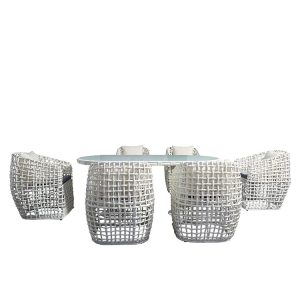 Bộ bàn ăn ngoài trời 6 ghế 1 bàn mặt kính, chất liệu nhựa giả mây trắng, kiểu dáng hiện đại