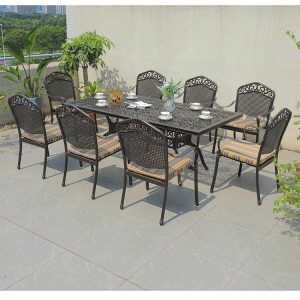 Bộ bàn ghế sân vườn nhôm đúc 8 ghế tựa lưng lưới, nệm sọc vàng nâu, phù hợp nhà hàng ngoài trời