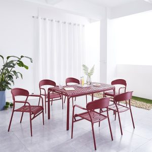 Bộ bàn ghế nhôm ngoài trời màu đỏ rượu vang, 6 ghế đơn, phù hợp không gian ban công hoặc sân vườn