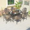 Bộ bàn ăn ngoài trời 6 ghế nhôm đúc họa tiết caro, bàn tích hợp bếp nướng BBQ, nệm sọc nhiều màu