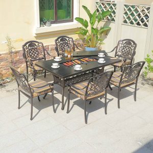 Bộ bàn ăn ngoài trời 6 ghế nhôm đúc họa tiết caro, bàn tích hợp bếp nướng BBQ, nệm sọc nhiều màu