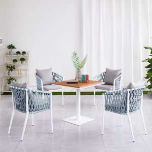 Bộ bàn ghế cafe sân vườn 5 món, dây rope đan tay, nệm êm, bàn mặt gỗ nhựa ngoài trời