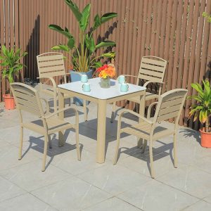 Bộ bàn ghế sân vườn nhôm mặt đá vuông, 4 ghế lưng nan nhôm, bền đẹp