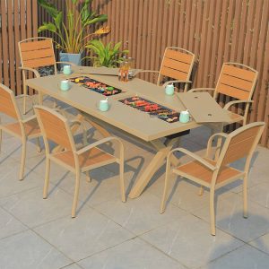 Bộ bàn ghế sân vườn 6 ghế nhựa giả gỗ, bàn nhôm tích hợp bếp nướng BBQ phù hợp biệt thự