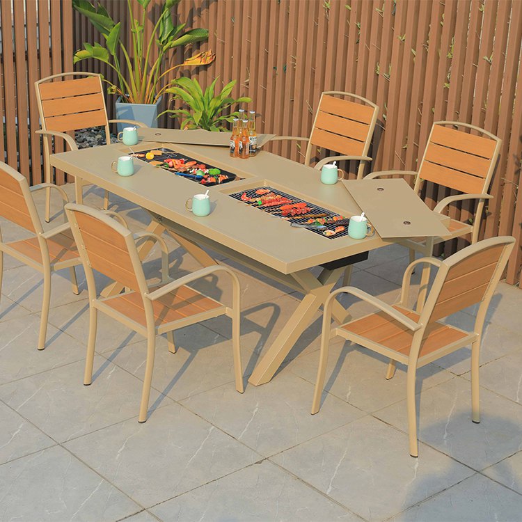 Bộ bàn ghế sân vườn 6 ghế nhựa giả gỗ, bàn nhôm tích hợp bếp nướng BBQ phù hợp biệt thự