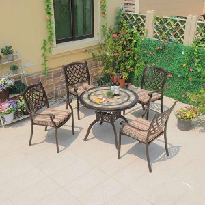 Bộ bàn ghế sân vườn nhôm đúc, mặt bàn mosaic, nệm sọc nhiều màu sang trọng