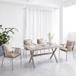 Bộ bàn ghế sân vườn 4 ghế dây rope, khung nhôm, nệm kem, phong cách tối giản