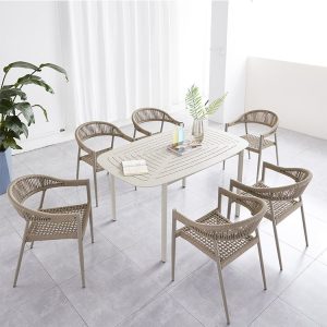 Bộ bàn ăn sân vườn 6 ghế đan dây nhỏ, khung nhôm, phong cách tối giản