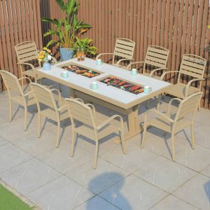 Bộ bàn ăn sân vườn nhôm đúc 8 ghế lưng ngang, bàn dài tích hợp bếp nướng BBQ