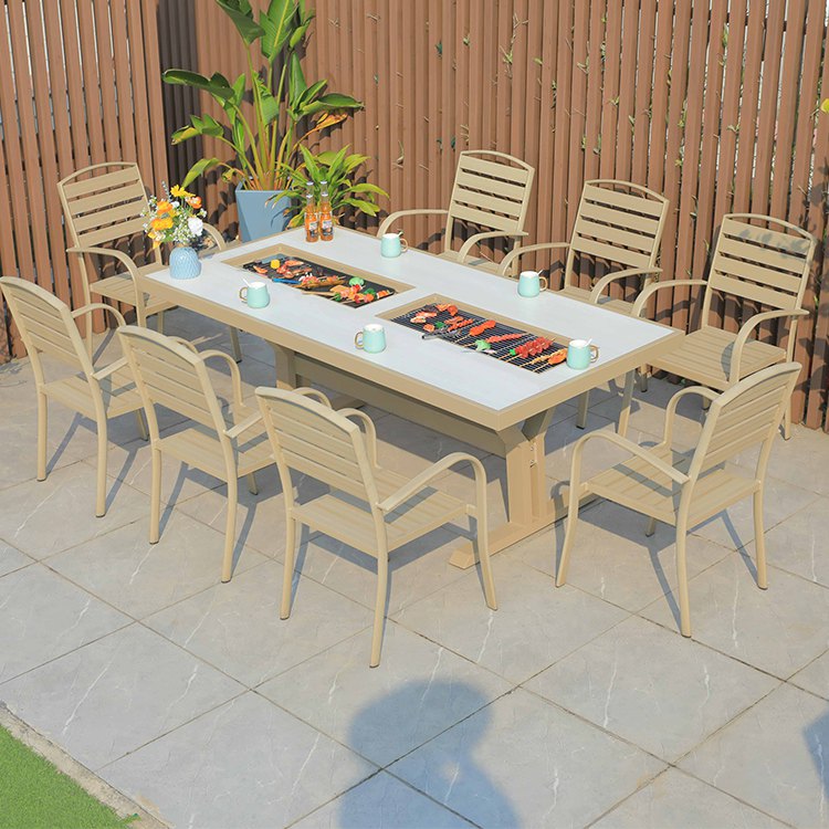 Bộ bàn ăn sân vườn nhôm đúc 8 ghế lưng ngang, bàn dài tích hợp bếp nướng BBQ