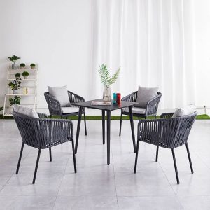 Bộ bàn ghế ngoài trời 4 ghế rope, nệm ghi, chụp ngang rõ chi tiết